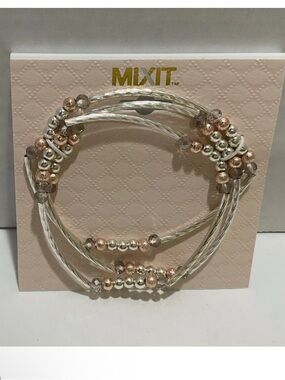 Mixit Rose Gold and Silver Layered Wire Beaded Bracelet Set